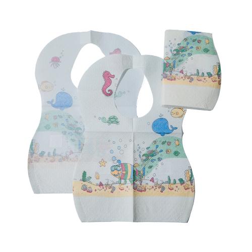 China Disposable Baby Bib, Waterproof Paper + PE Film 25*28cm+5cm with Pocket Fabricante